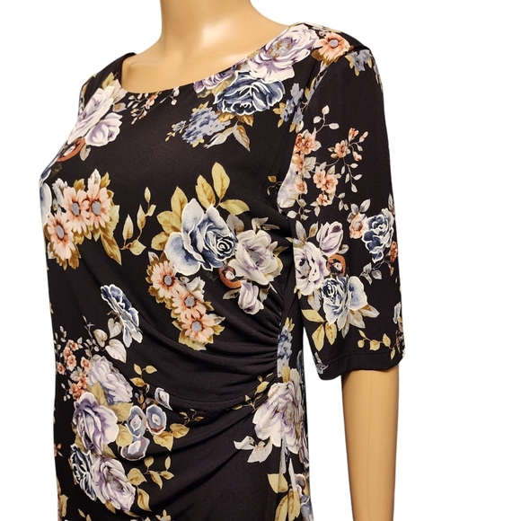 Connected Apparel Deep Pruple Faux Wrap Flroal Stretchy Dress Size 8P - Picture 5 of 15